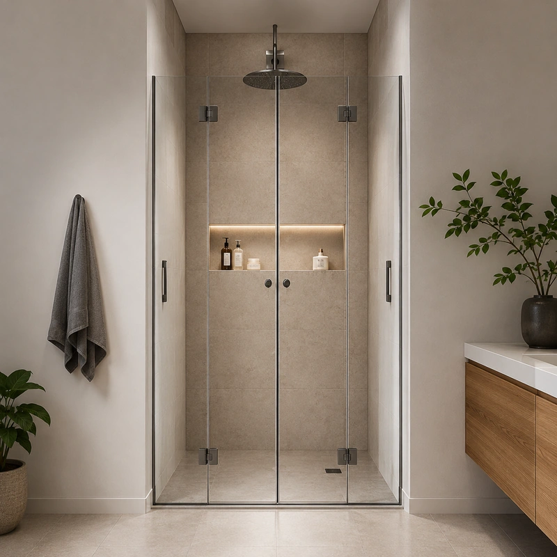 Moderne Dusche in einer Nische von Wand zu Wand