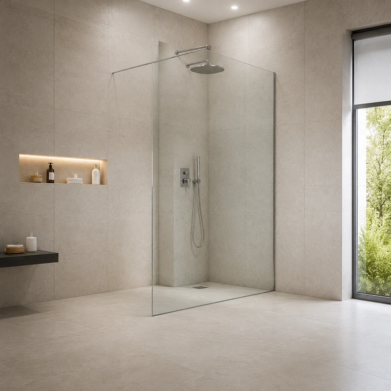 Moderne Walk-In-Dusche ohne Tür mit rahmenloser Glaswand