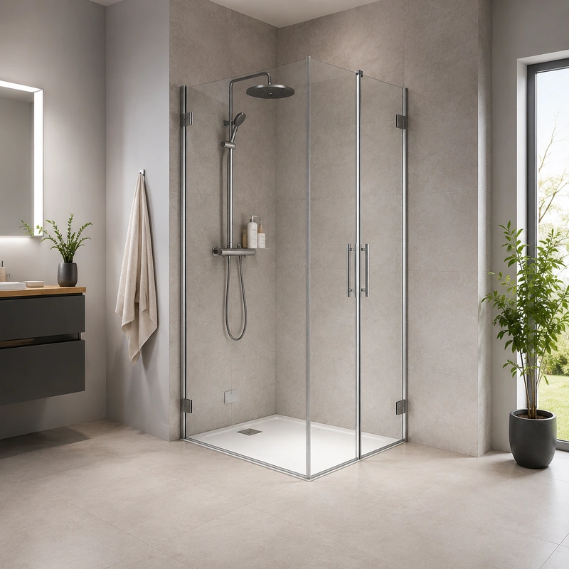 Moderne Dusche als Ecklösung mit Glasabtrennung